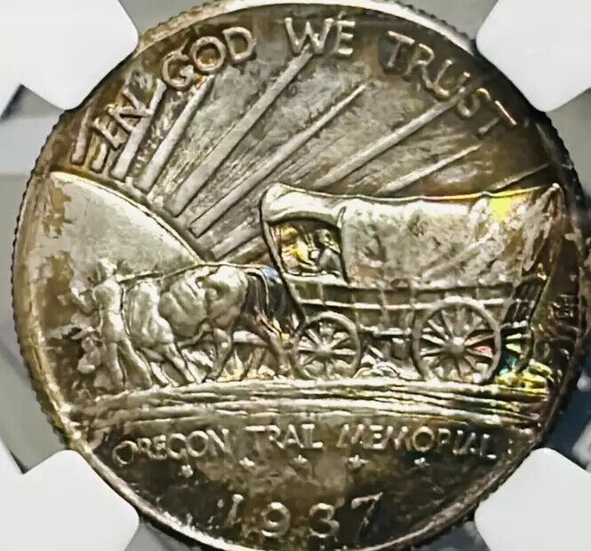 1937 D Oregon Trail Memorial NGC MS-68 - Rainbow Toned!