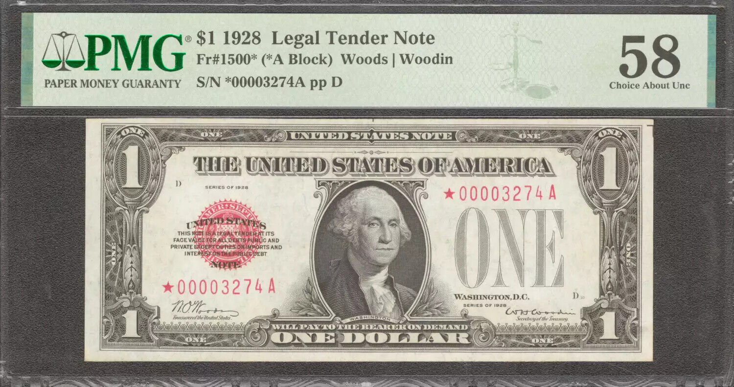 1928 $1 LEGAL TENDER US NOTE FR.1500* STAR NOTE PMG 58 CHOICE ABOUT UNC (274A)