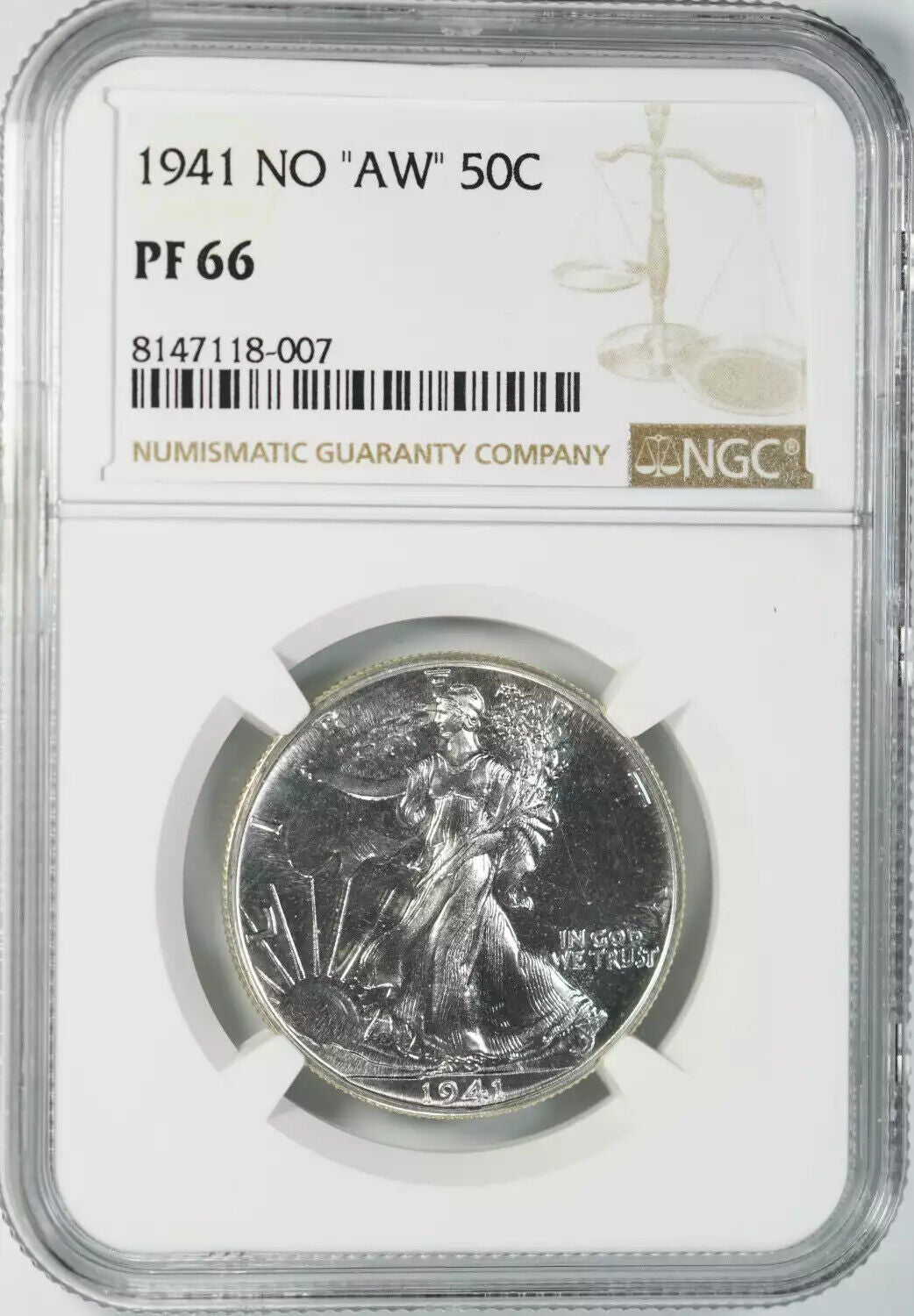 1941 PROOF WALKING LIBERTY HALF DOLLAR 50C NGC CERTIFIED PF 66 NO 'AW' (007)
