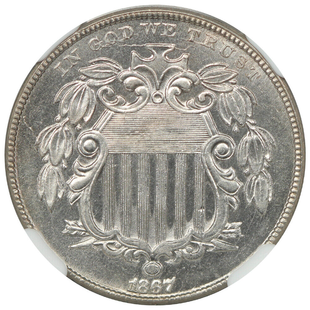 1867 5C NGC MS65 (No Rays) - Shield Nickel - Lustrous Gem
