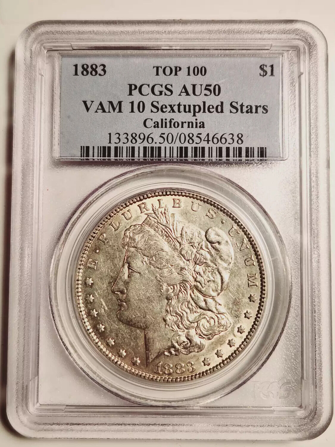 1883 P Morgan Silver Dollar PCGS AU-50 - VAM 10 - Sextupled Stars - Top 100