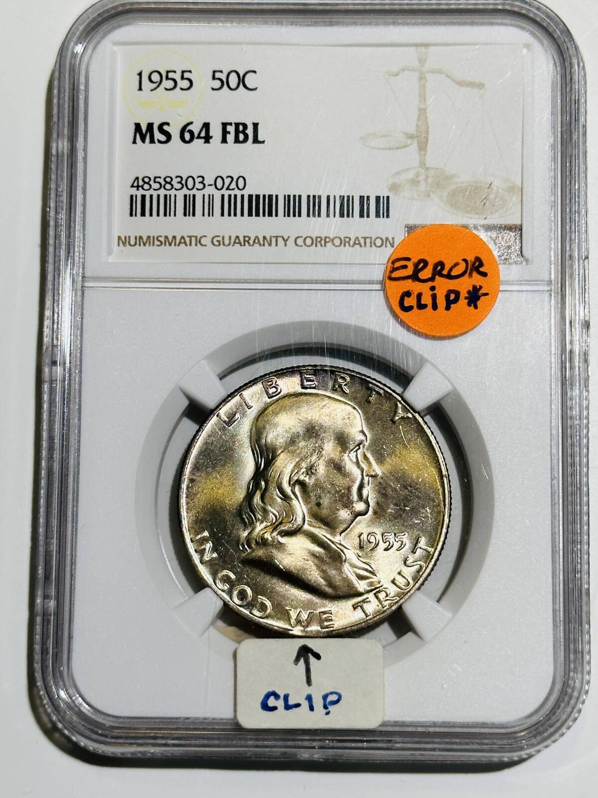 1955 P Franklin Half Dollar NGC MS-64 FBL CLIP