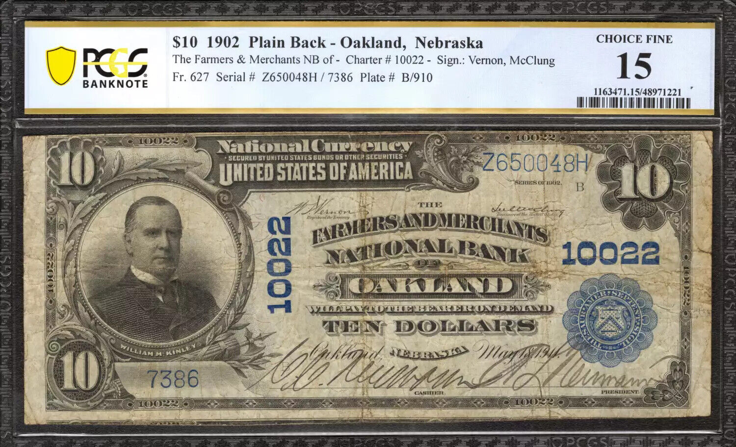 1902 $10 FARMERS & MERCHANTS NATIONAL BANKNOTE OAKLAND NEBRASKA PCGS 15 CF (048H
