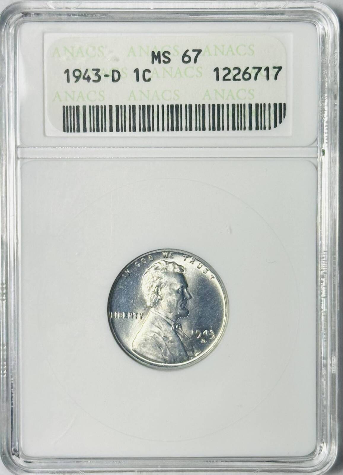 1943 D Steel Small Cents Lincoln, Wheat Ears ANACS MS-67