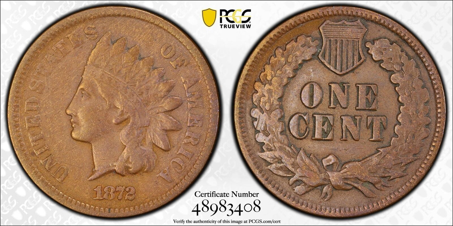 1872 P Indian Head Penny PCGS VF-30 BN
