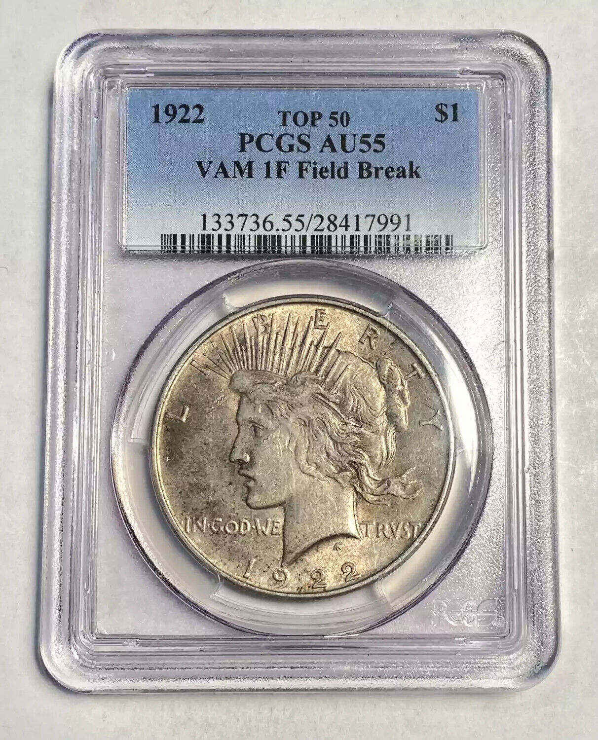 1922 P Peace Silver Dollar PCGS AU-55 VAM 1F - Field Break - Top 50