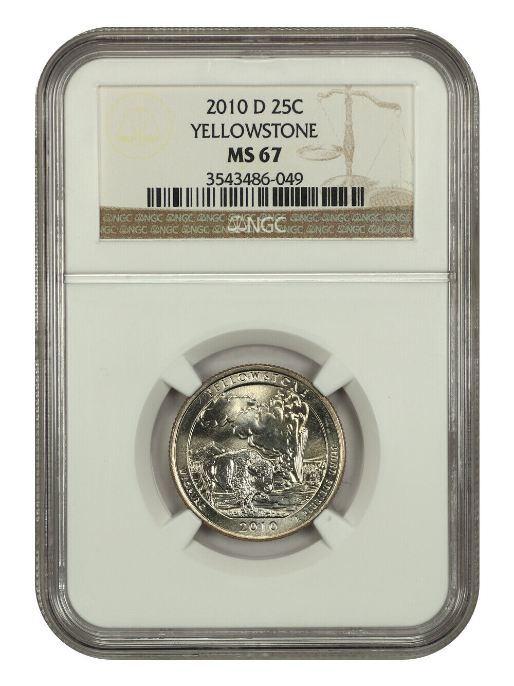 2010-D 25C Yellowstone NP NGC MS67 - Type 1 - Clad