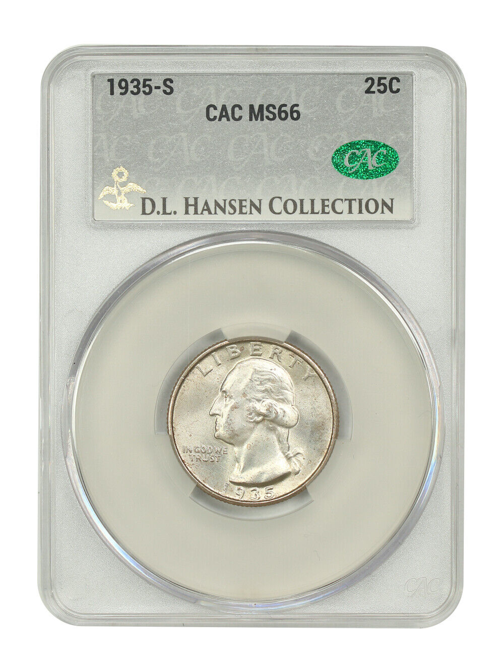 1935-S 25C CACG MS66 ex: D.L. Hansen - Washington Quarter - Superb Original!