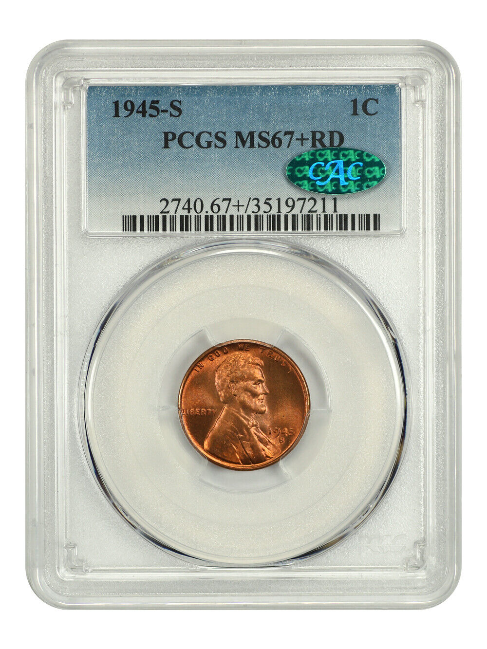 1945-S 1C PCGS/CAC MS67+RD - Lincoln Cent (Wheat Reverse)