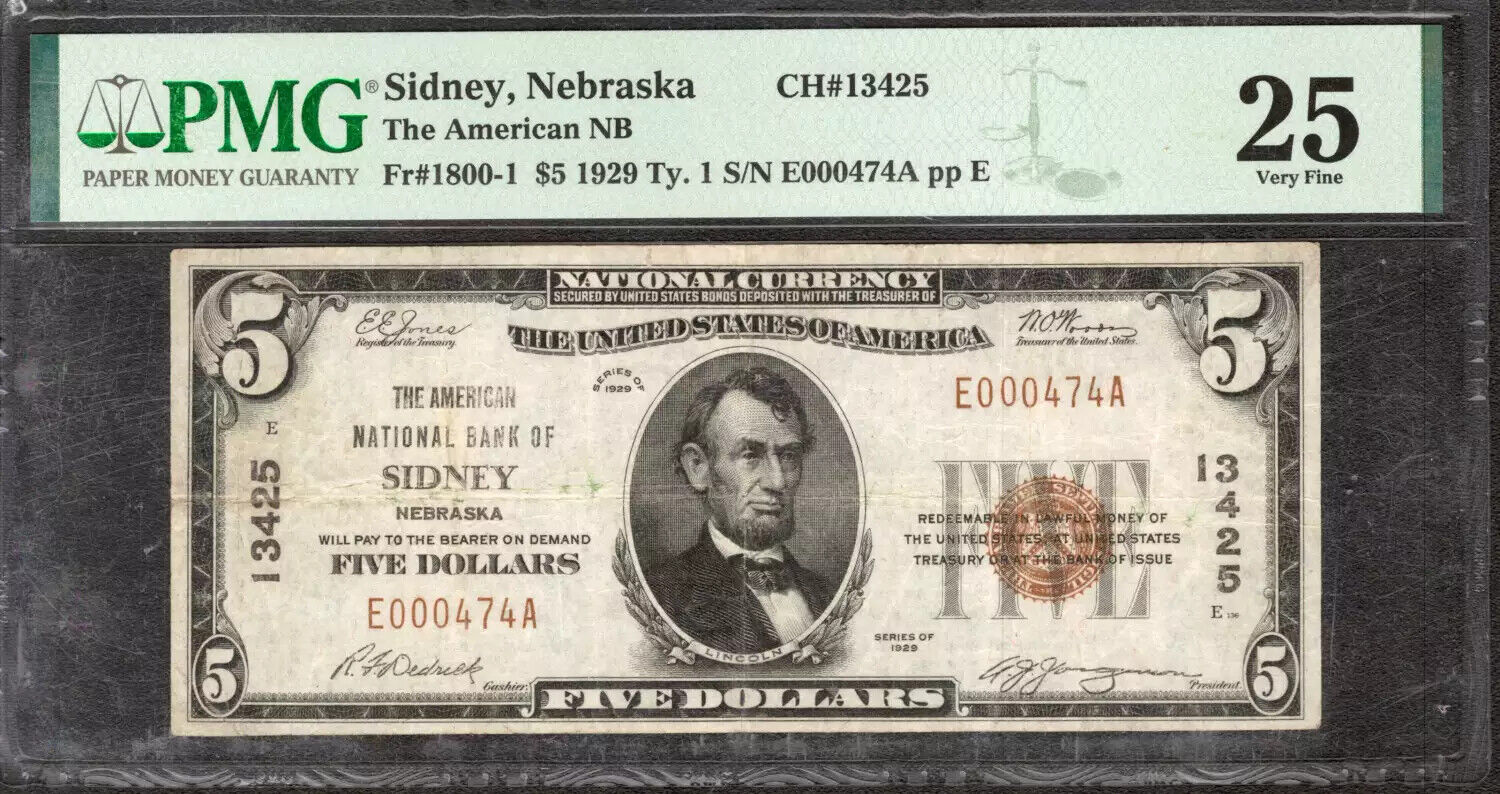 1929 $5 AMERICAN NATIONAL BANKNOTE CURRENCY SIDNEY NEBRASKA PMG VERY FINE VF 25