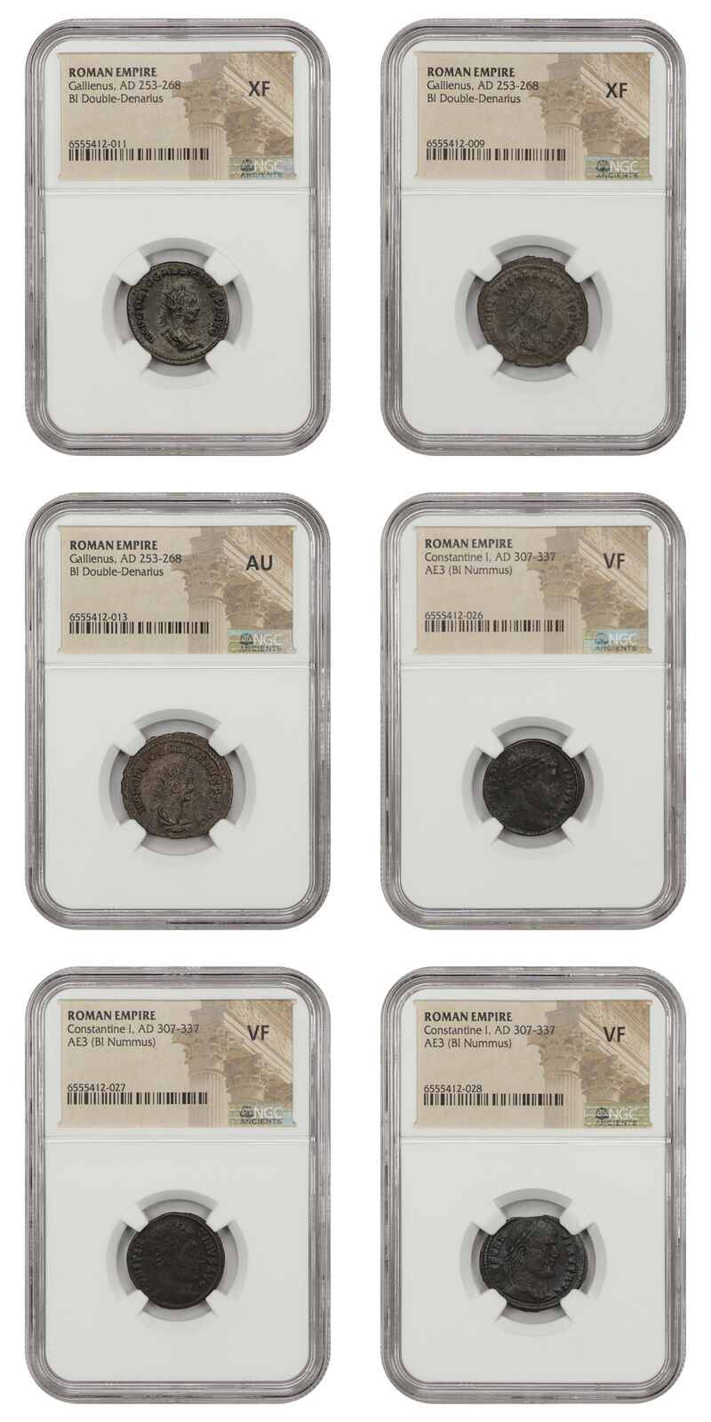 Lot of 6 Mixed Roman Empire: BI Double-Denarius/AE3 (BI Nummus) NGC VF-AU