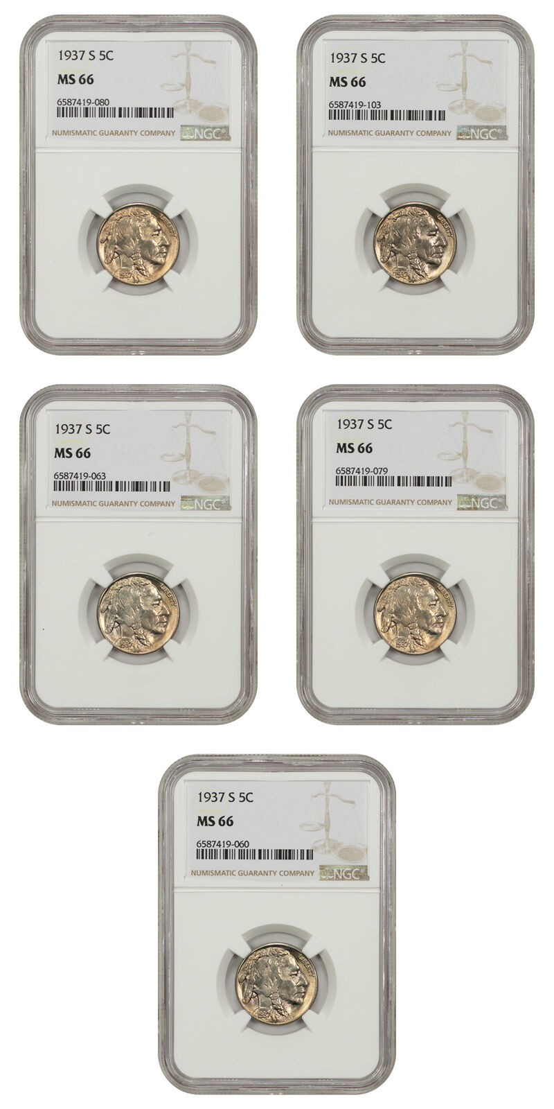 Lot of 1937-S 5C NGC MS66 (5 Coins)