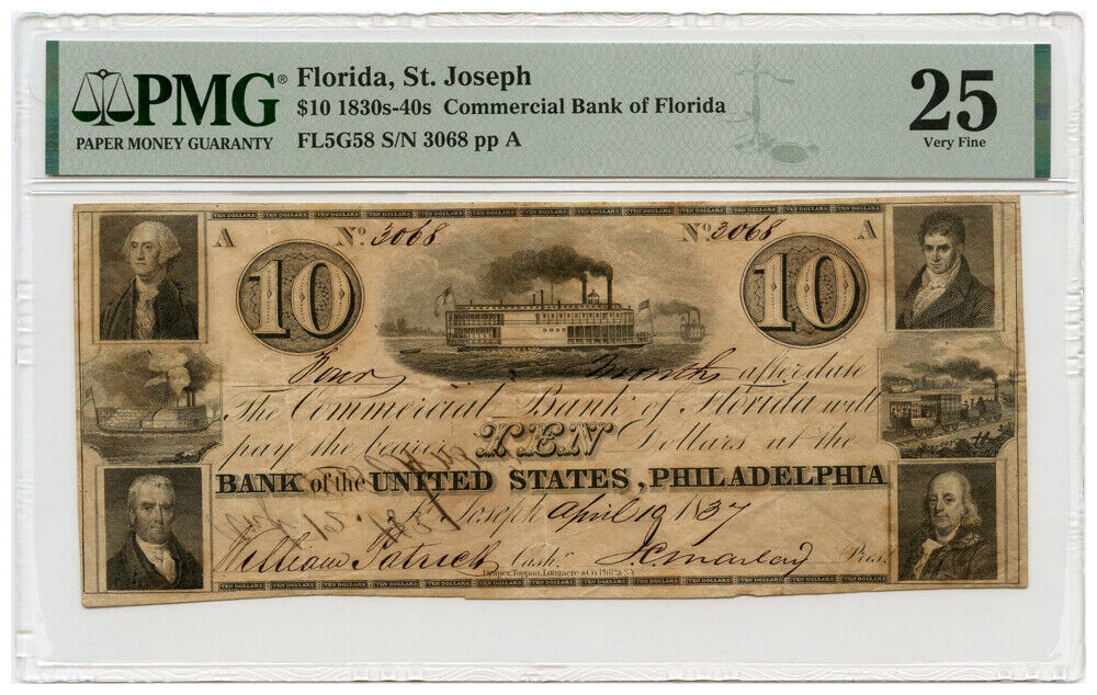 FL5G58 1830s-40s $10 Comm. Bank of Florida, St. Joseph PMG VF25 - Other