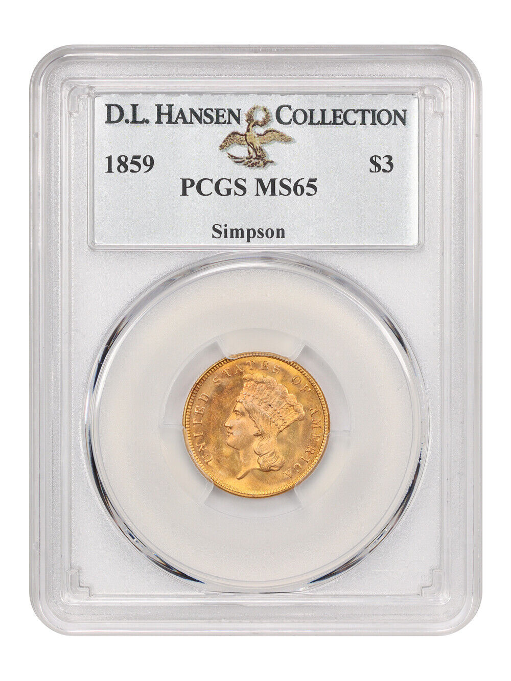 1859 $3 PCGS MS65 ex: D.L. Hansen/Simpson