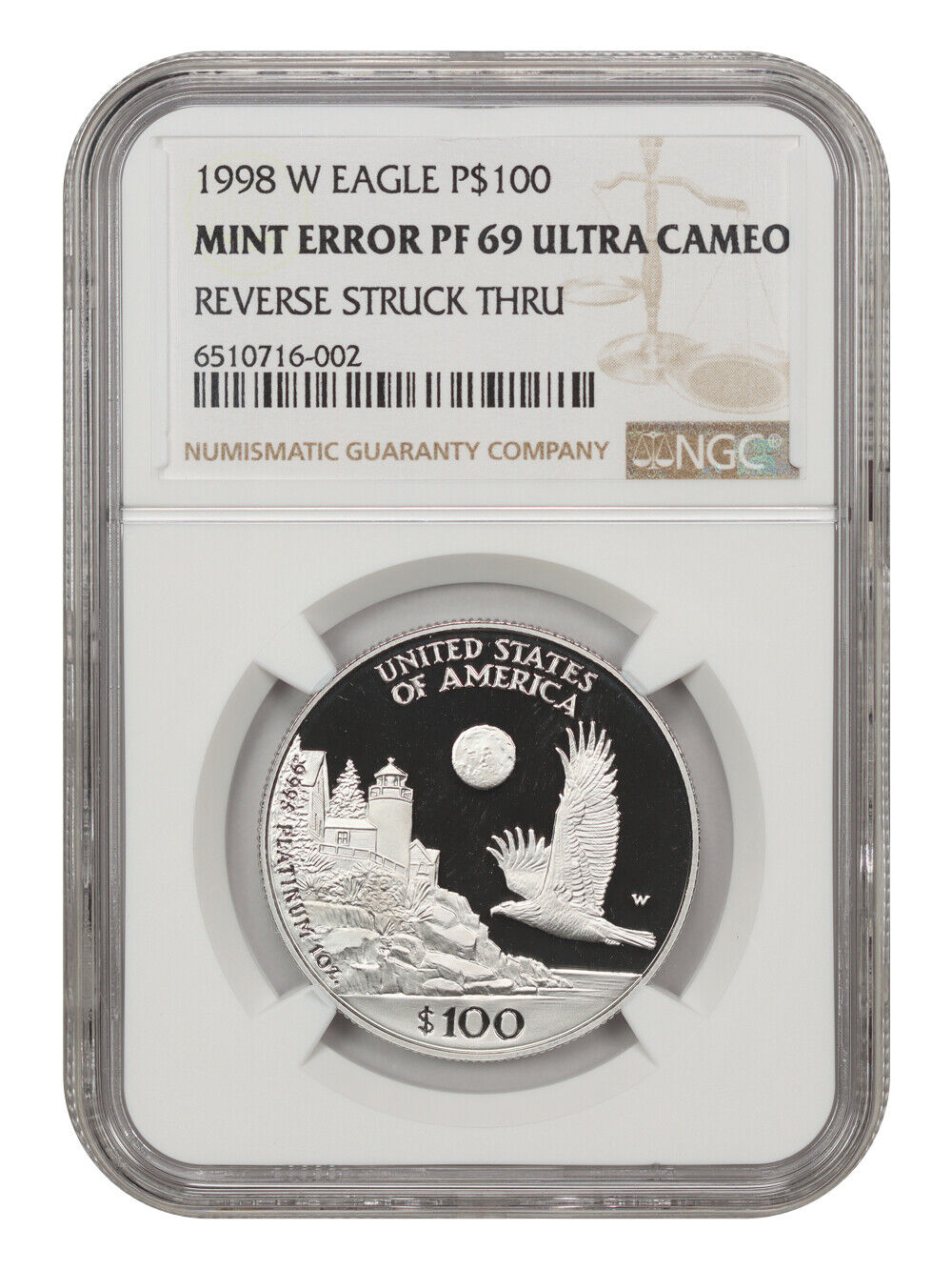 Mint Error: 1998-W Platinum Eagle $100 NGC Proof 69 UCAM (Reverse Struck Thru)