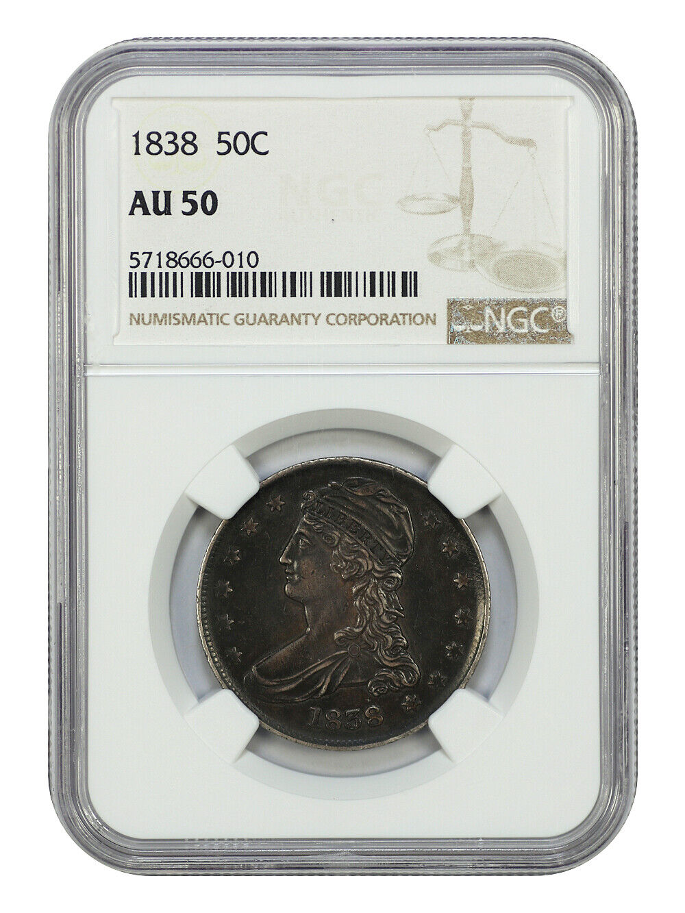 1838 50C NGC AU50 (Reeded Edge) - Capped Bust Half Dollar - Great Type Coin