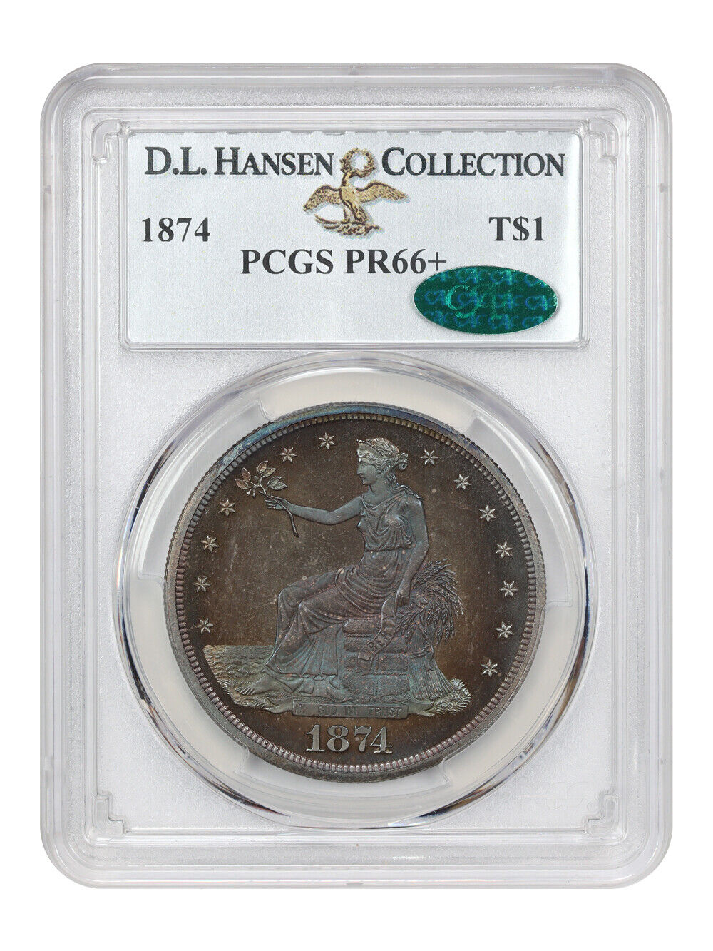 1874 Trade $1 PCGS/CAC PR66+ ex: D.L. Hansen