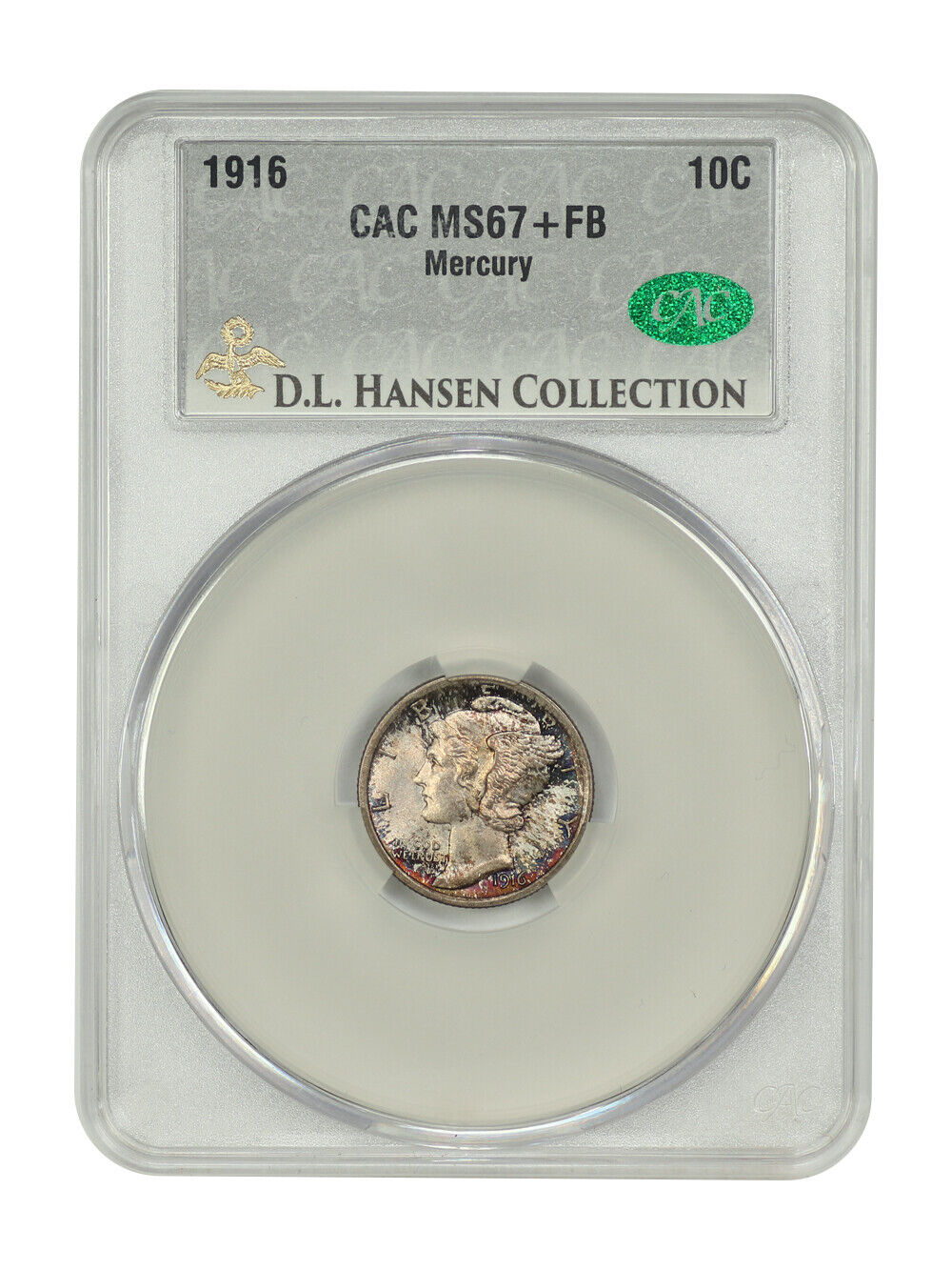 1916 10C Mercury CACG MS67+FB ex: D.L. Hansen - Mercury Dime