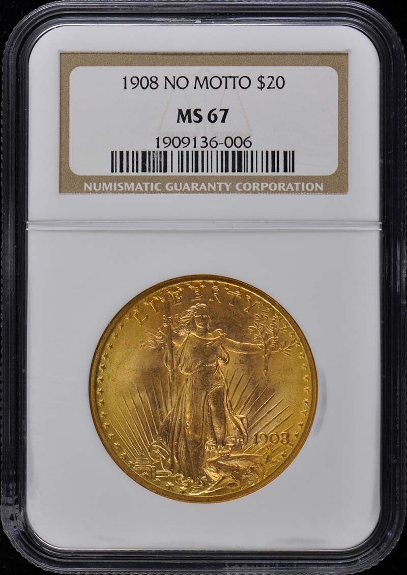 1908 NO MOTTO Saint-Gaudens $20 NGC MS67