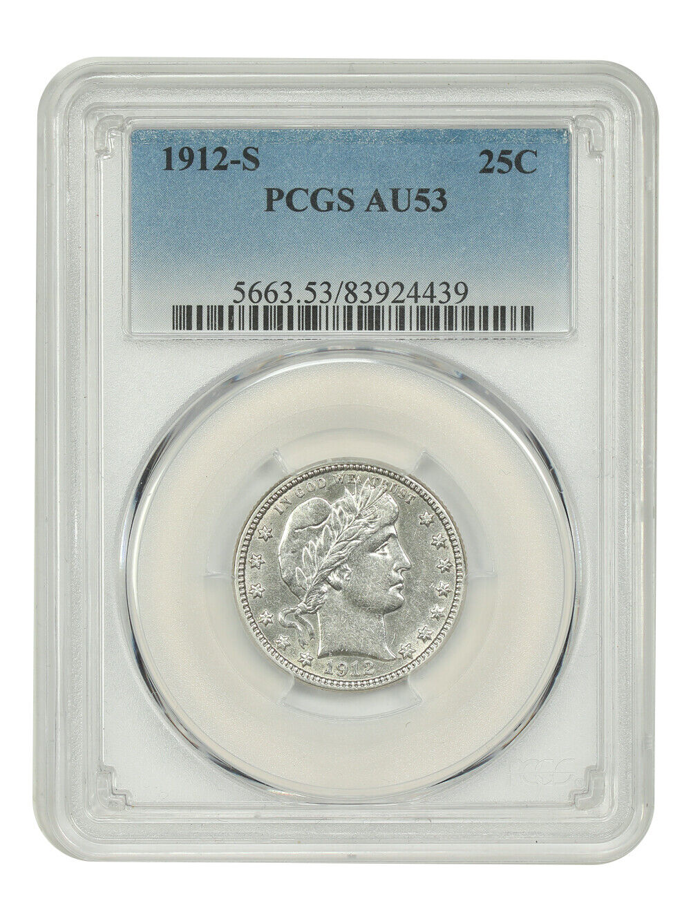 1912-S 25C PCGS AU53 - Barber Quarter