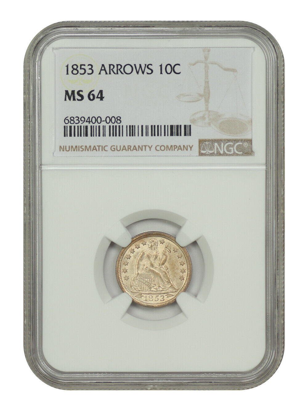 1853 10C Arrows NGC MS64 - Liberty Seated Dime - Great Type Coin