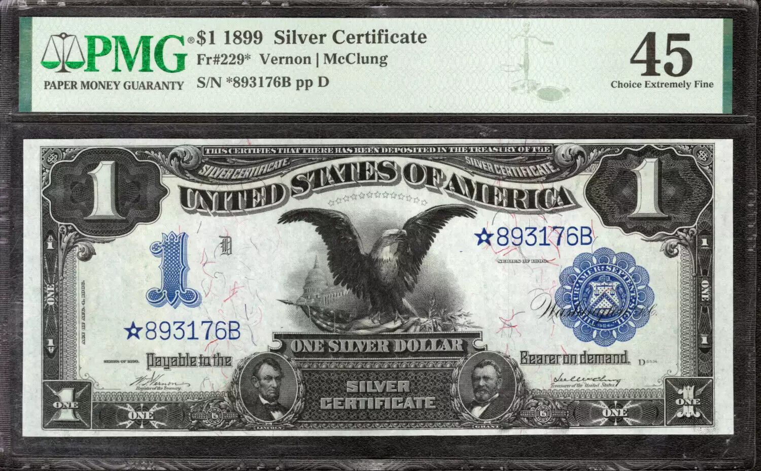 1899 $1 SILVER CERTIFICATE STAR NOTE FR.229* BLACK EAGLE PMG 45 CHOICE XF (176B)