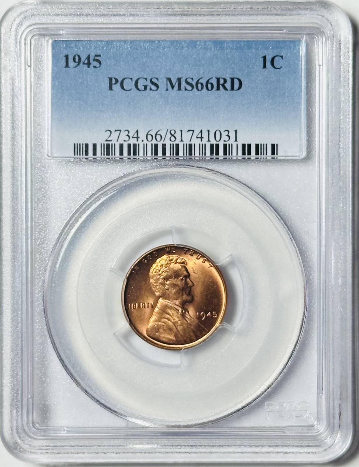 1945 P Small Cents Lincoln, Wheat Ears Reverse PCGS MS-66 RD