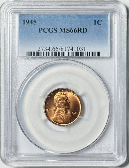 1945 P Small Cents Lincoln, Wheat Ears Reverse PCGS MS-66 RD