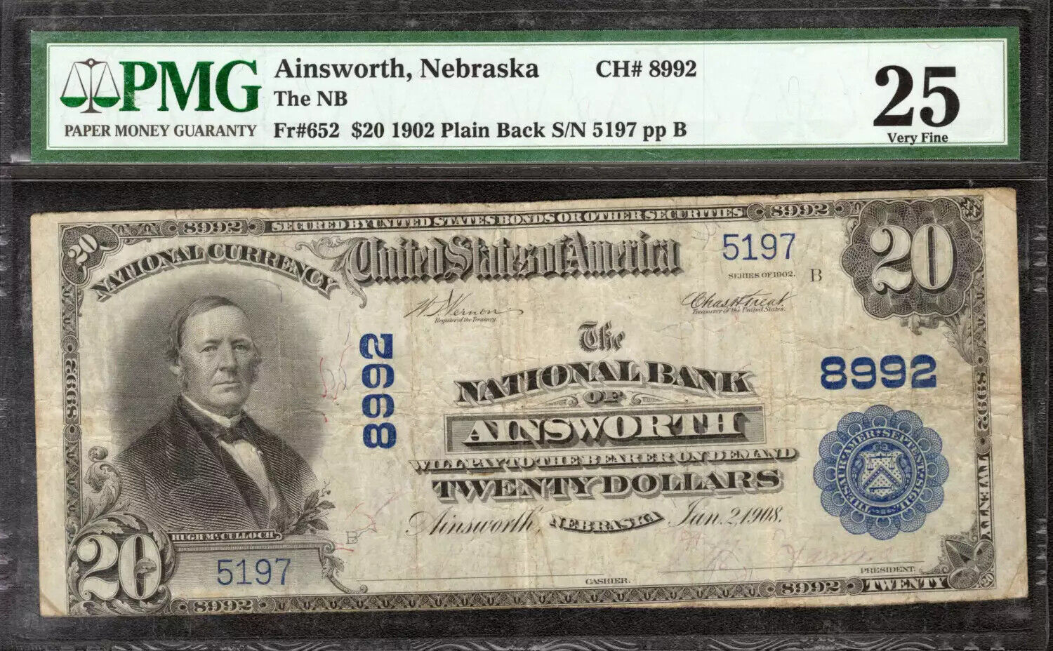 1902 $20 NATIONAL BANKNOTE CURRENCY AINSWORTH NEBRASKA PMG VF 25 VERY FINE (197)