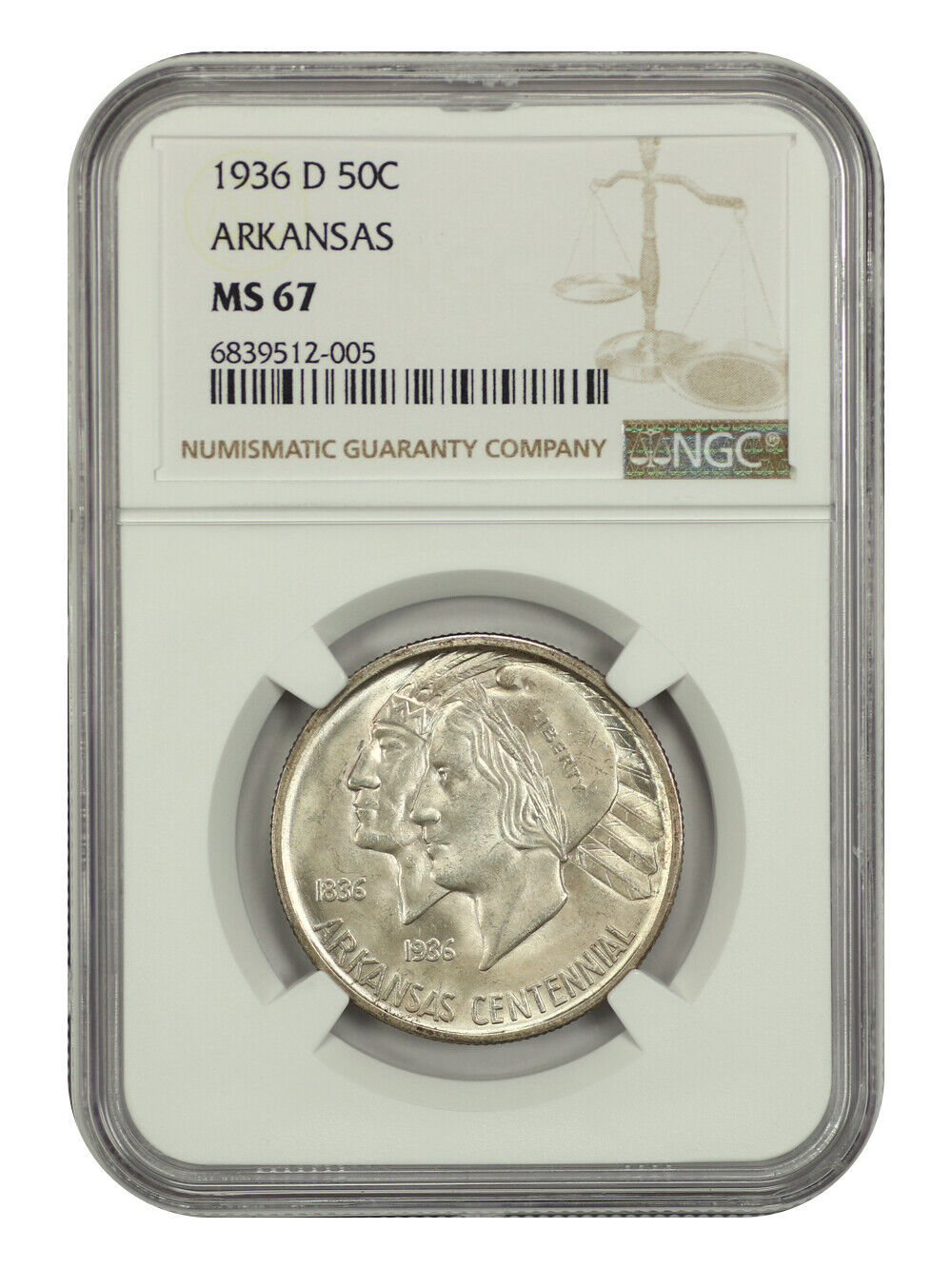 1936-D 50C Arkansas NGC MS67 - Classic Silver Commemorative - Low Mintage Issue