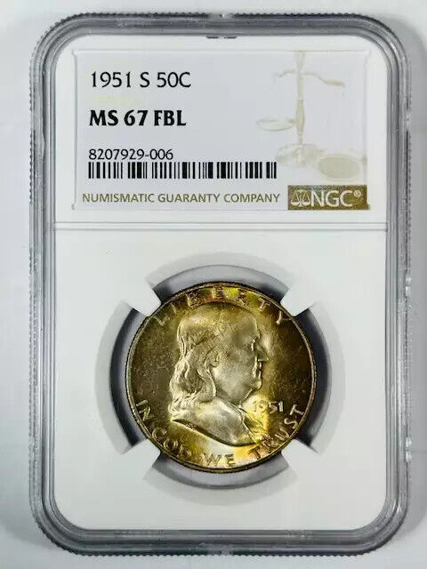 1951 S Franklin Half Dollar NGC MS-67 FBL WOW! Rainbow Toning