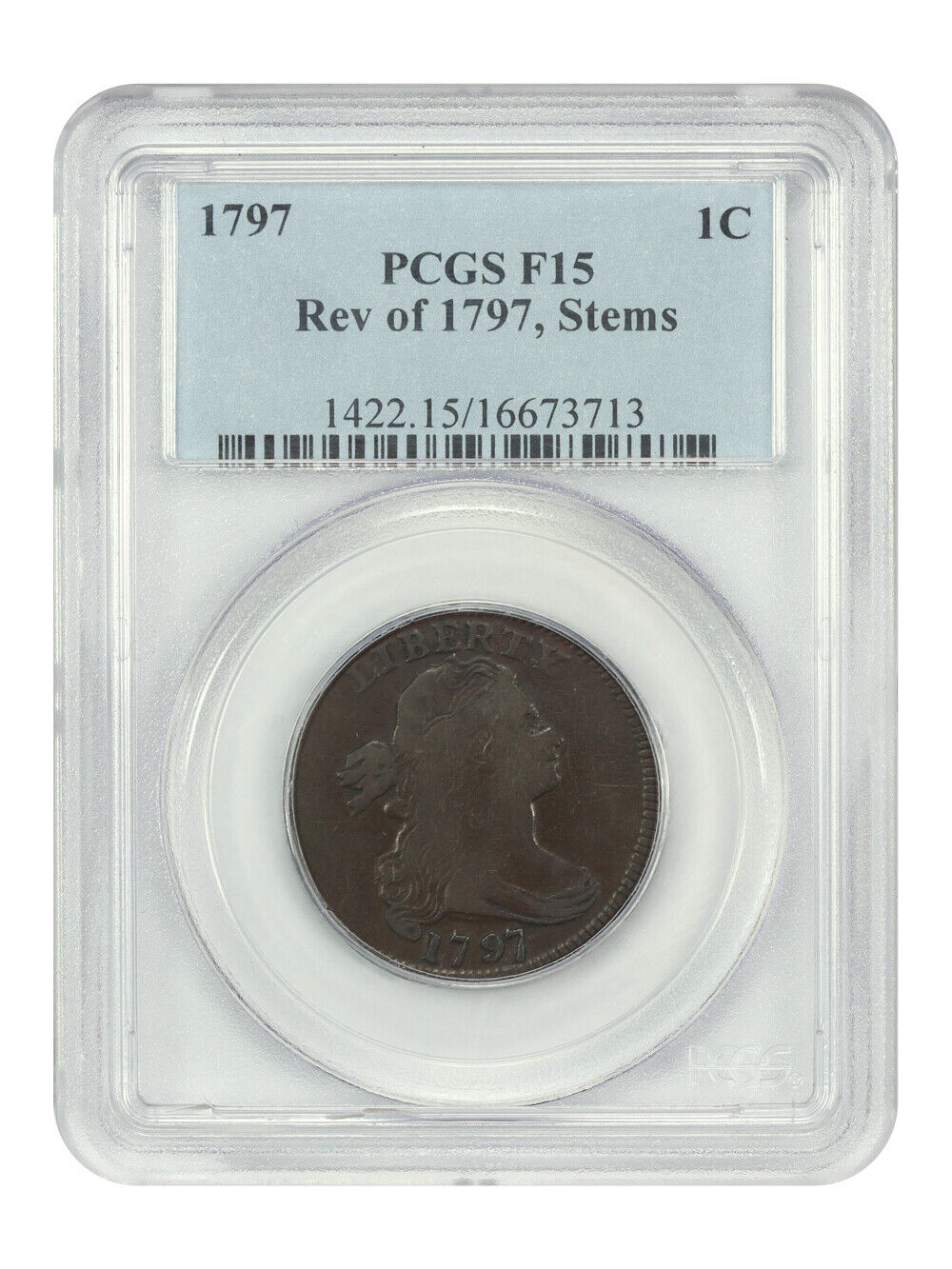 1797 1C PCGS Fine 15 (Rev of 1797, Stems) - Draped Bust Cent