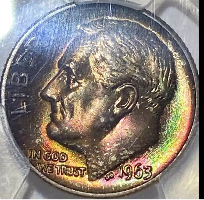 1963 D Dimes Roosevelt PCGS MS-66 Rainbow Toning