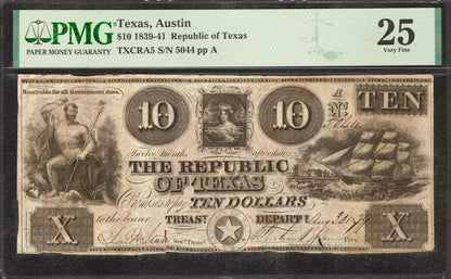 1839-41 $10 REPUBLIC OF TEXAS TREASURY NOTE TXCRA5 AUSTIN PMG 25 VERY FINE (004)