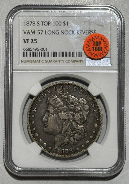 1878 S Morgan Dollar NGC VF-25 S VAM-57 LONG NOCK REVERSE