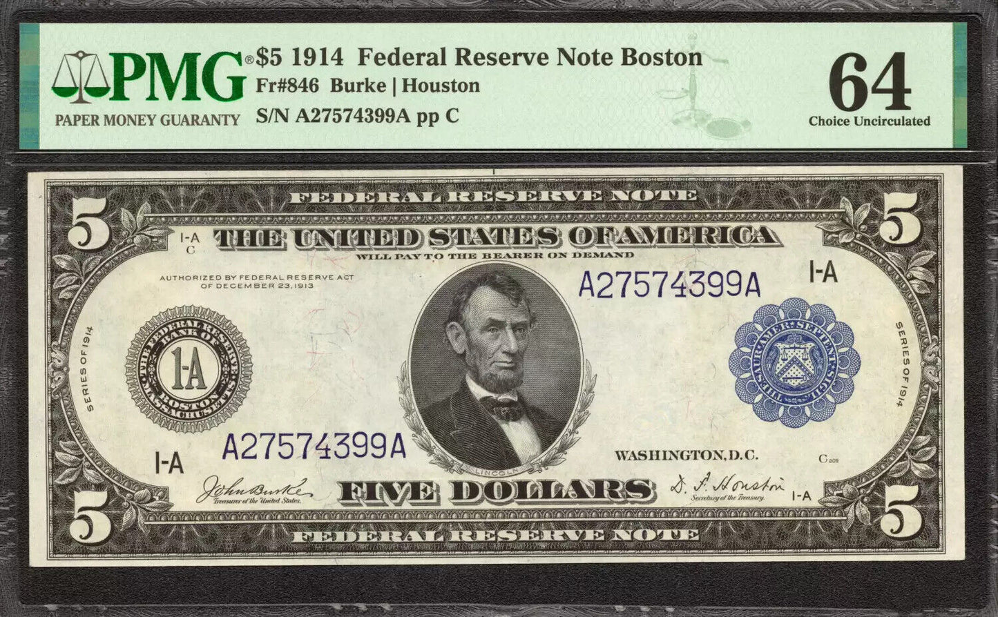 1914 $5 FEDERAL RESERVE NOTE FR.846 PHILADELPHIA PMG CU 64 CHOICE UNC (399A)