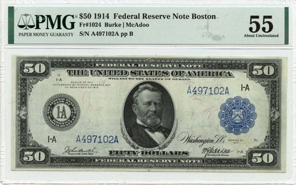 1914 $50 Federal Reserve Note BostonFr# 1024 PMG AU55