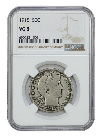 1915 50C NGC VG08 - Barber Half Dollar - Key, Low Mintage Date