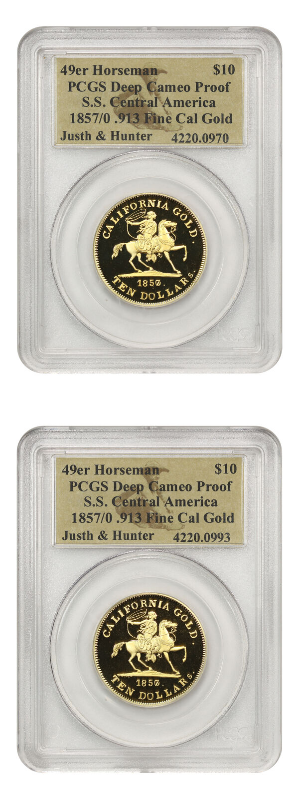 1857/0 $10 Gold 49er Horseman Set PCGS Proof DCAM (w/Box & COA, 2 Coins)