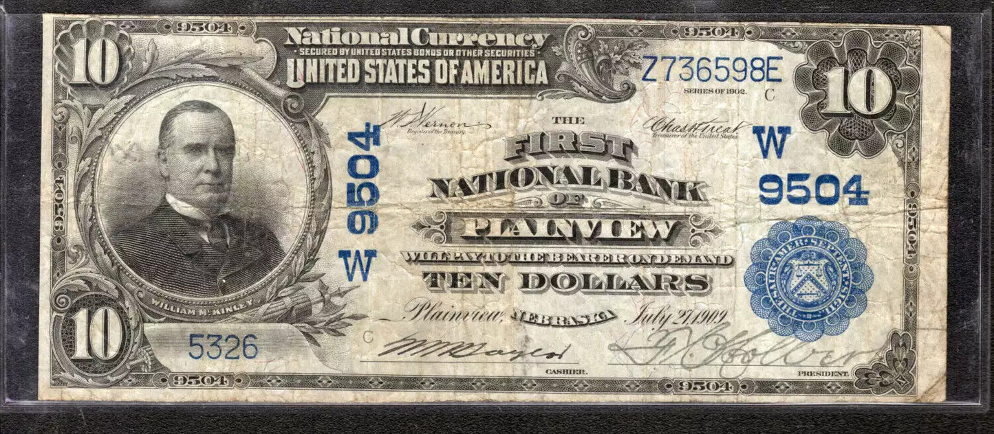 1902 $10 FIRST NATIONAL BANKNOTE CURRENCY PLAINVIEW NEBRASKA FR.626 (5326)