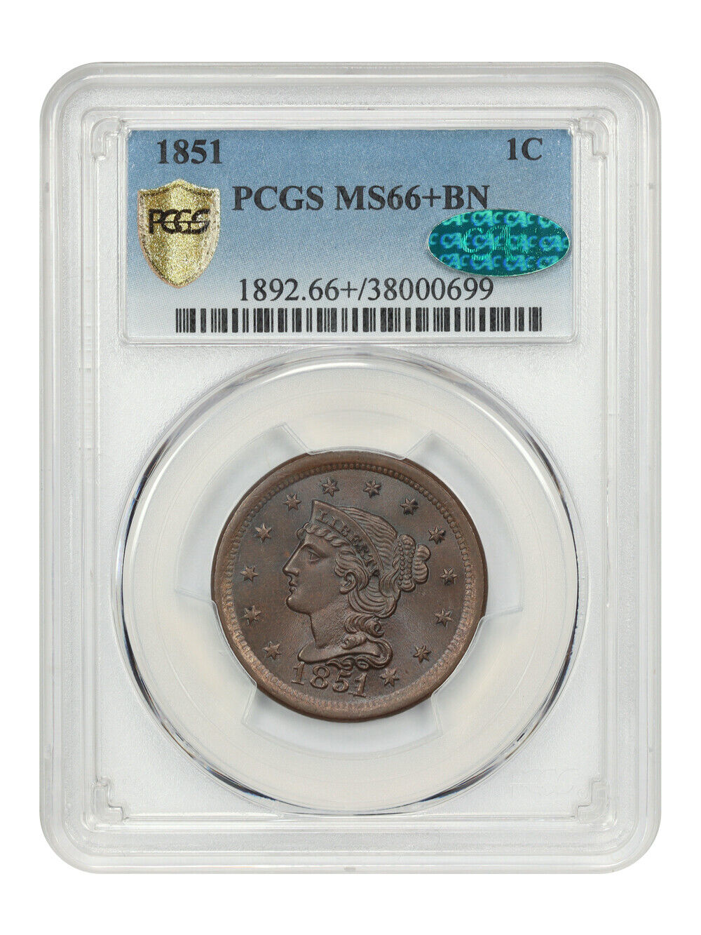 1851 1C PCGS/CAC MS66+BN