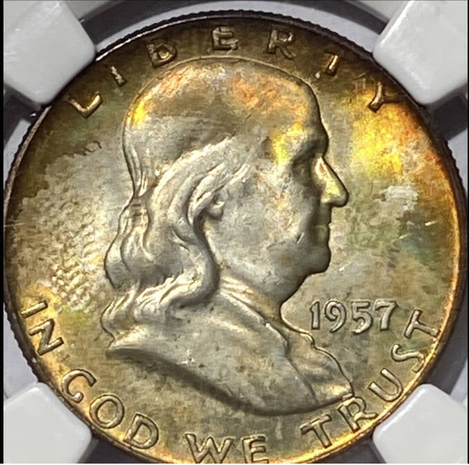 1957 D Franklin Half NGC MS-65 Rainbow Toning