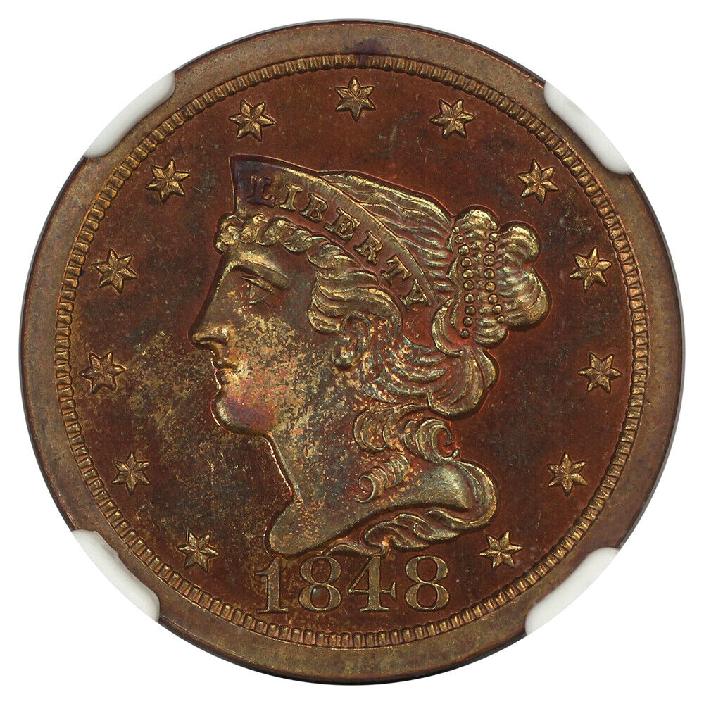 1848 1/2C NGC PR66RB (Restrike) - Braided Hair Half Cent - Scarce Proof Restrike