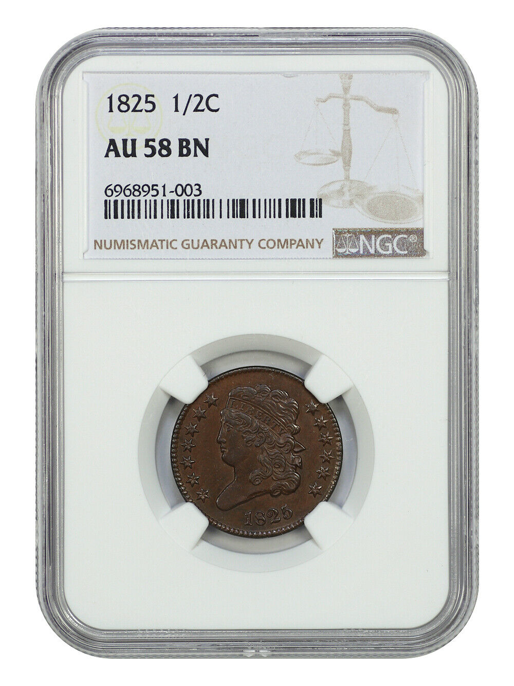 1825 1/2C NGC AU58 - Classic Head Half Cent - Tough Date