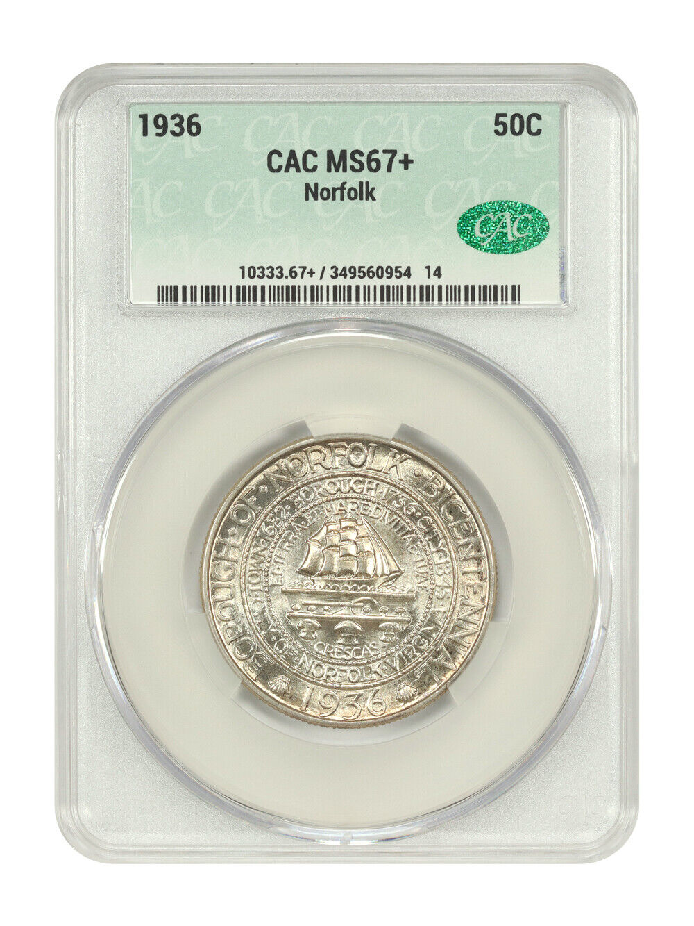 1936 50C Norfolk CACG MS67+ - Classic Silver Commemorative - Low Mintage Issue