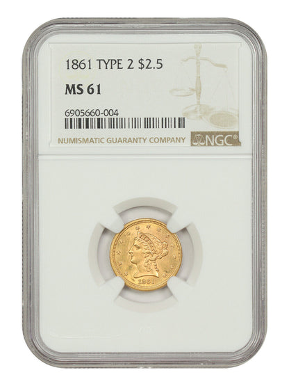 1861 $2.50 NGC MS61 (Type 2, New Reverse) - Liberty Head $2.5