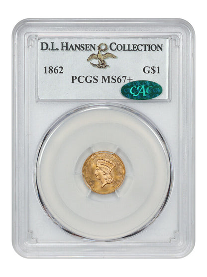 1862 G$1 PCGS/CAC MS67+ ex: D.L. Hansen