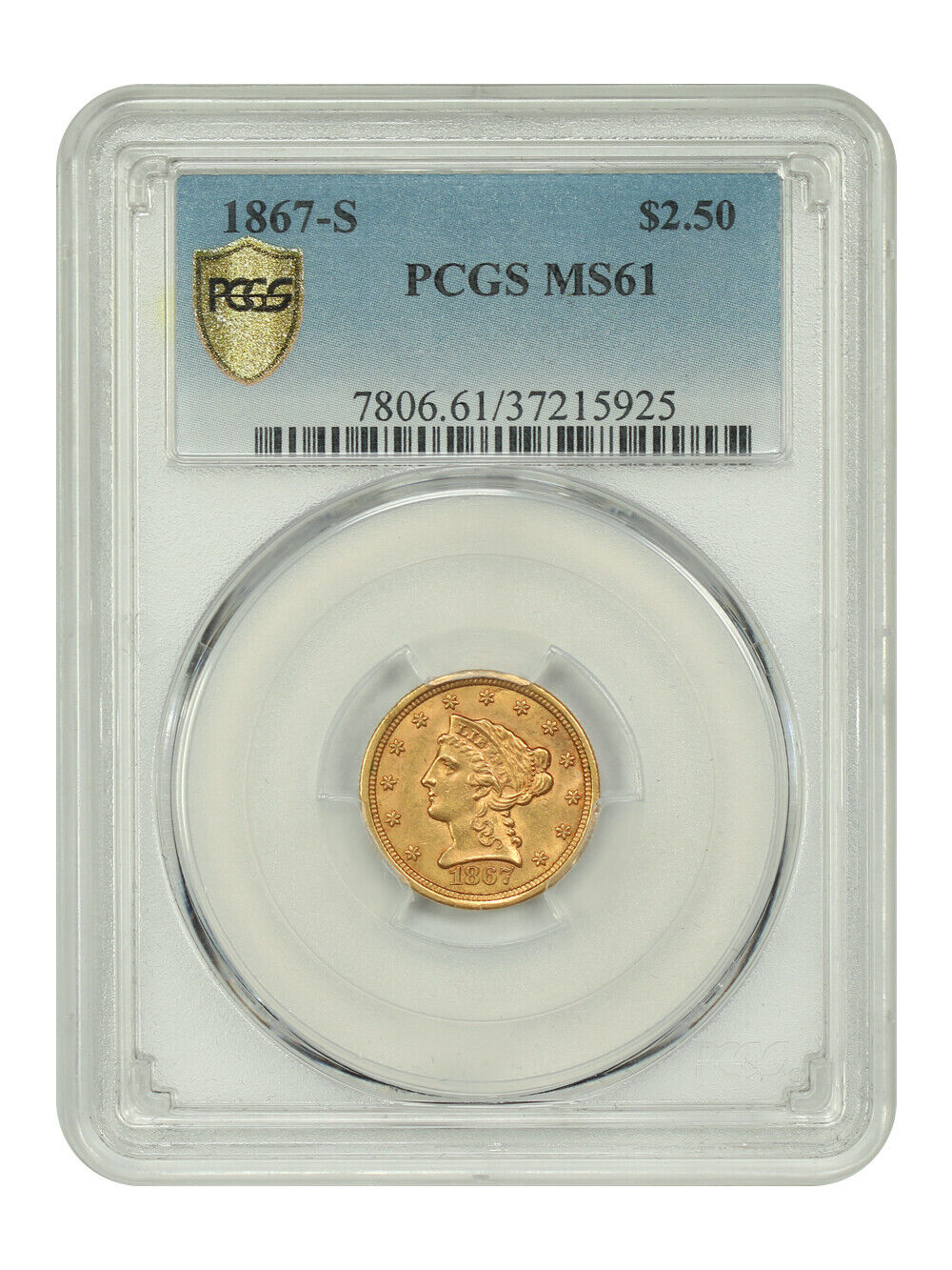 1867-S $2.50 PCGS MS61 - Liberty Head $2.5