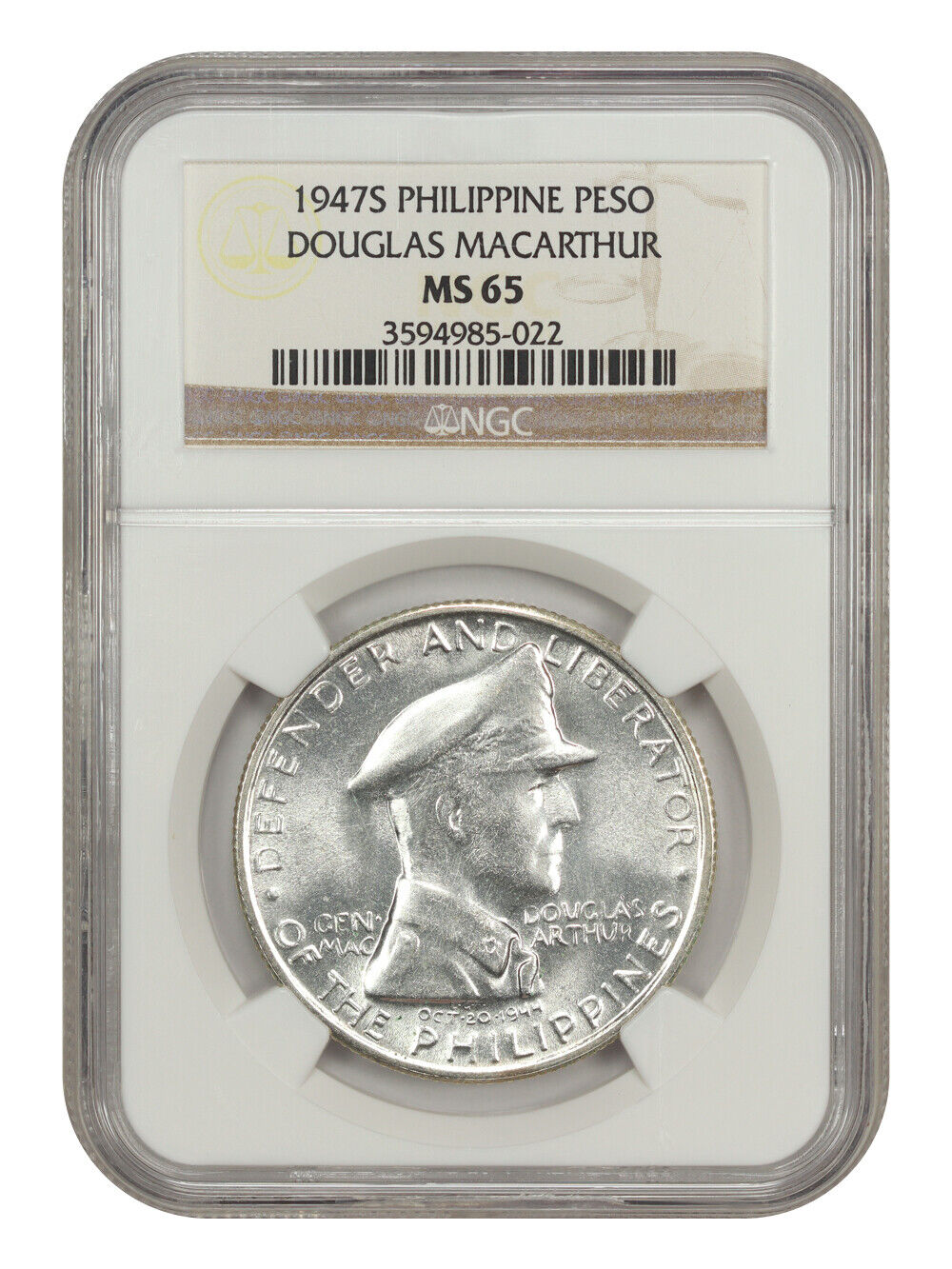 1947S Philippine Peso Douglas MacArthur NGC MS 65