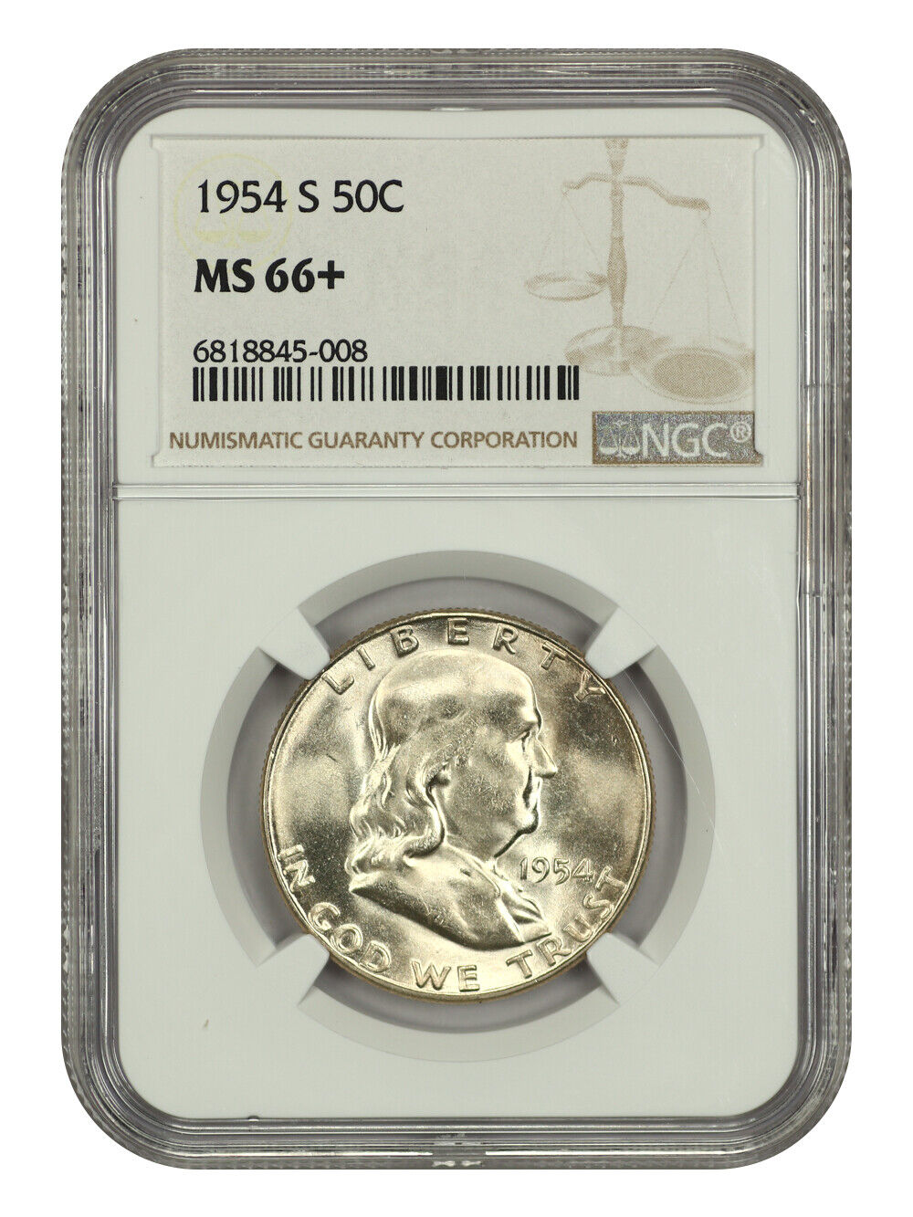 1954-S 50C NGC MS66+ - Franklin Half Dollar